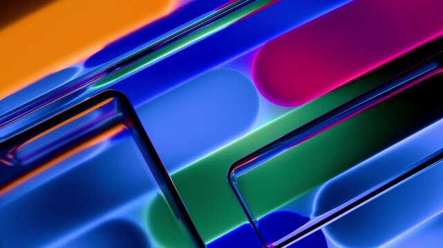 Colorful gradient shapes moving diagonally behind a grid of glossy blue glass tiles in a seamless loop