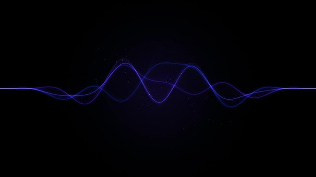 Elegant blue neon sound wave visualization representing audio frequency amplitude in digital space with soft particles floating against dark background for music and communication technology