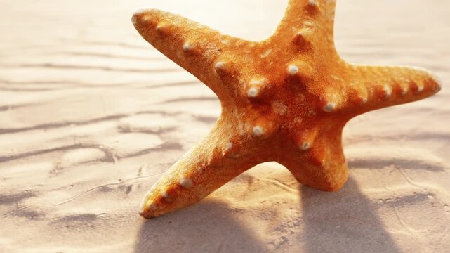 A starfish rests on the sand at a beach during sunset. The sun casts warm light, highlighting the texture of the starfish and the patterns in the sand around it.