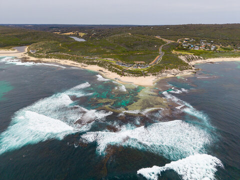 Aerial looking back at Margaret River surf