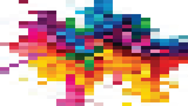 Vibrant pixelated color splash vector graphic illustration featuring multicolored square blocks exploding creatively across clean white background