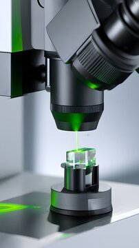 Optical spectrometer analyzing glass sample with green laser beam