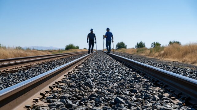 Two figures walking down a railway track under a clear blue sky. The perspective is low, focusing on the converging tracks stretching into the distance