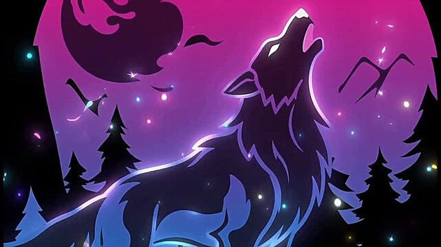 Howling Wolf at Full Moon Night Forest Vector Animation