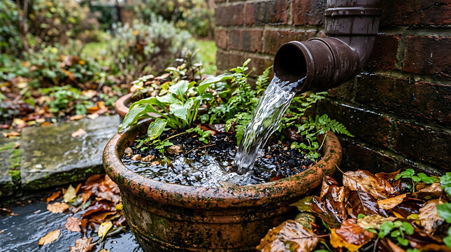 Rustic outdoor water feature with flowing pipe water into a weathered clay pot nestled against a brick wall capturing natural