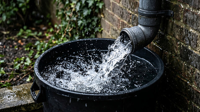 Rainwater flowing into a black plastic rain barrel attached to a brick wall for collection and storage