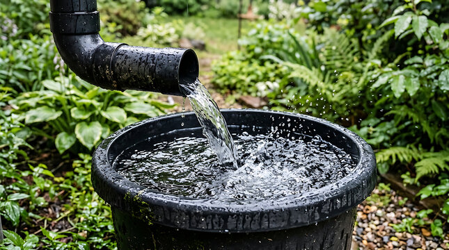 Rainwater flowing into a black plastic barrel in a lush green garden setting captures the essence of sustainable water collection