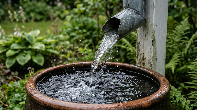 Close-up view of a rustic metal pipe pouring water into a round earthenware basin amidst lush green garden foliage