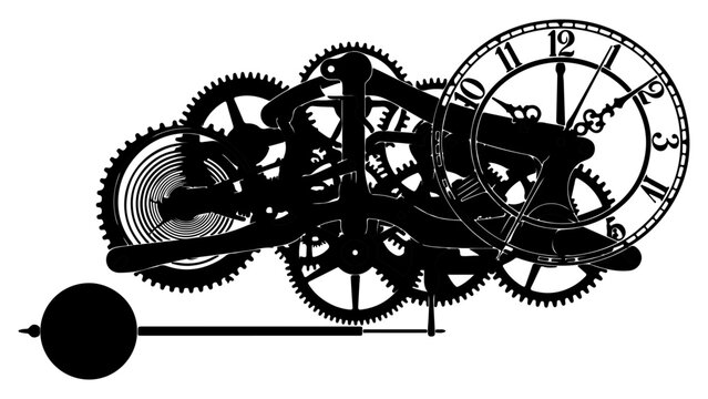 Intricate Internal Clockwork Mechanism Silhouette with Gears Cogs and Clock Face Vector Illustration