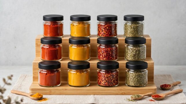 Potes pequenos com especiarias coloridas em suporte de bambu