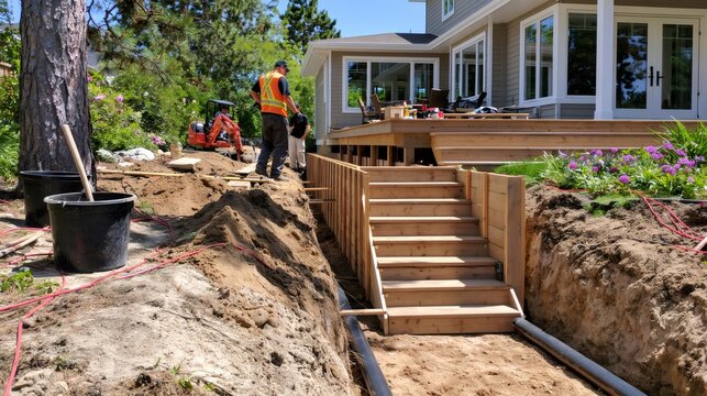 Workers constructing wood stairs and retaining wall during landscaping renovation
