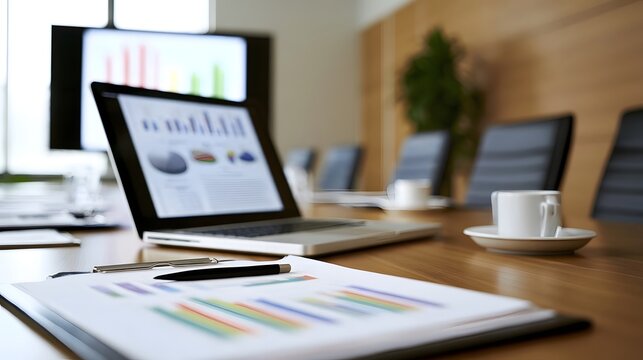 Business meeting setup with laptop  printed charts  coffee cup  and presentation screens on a wooden table