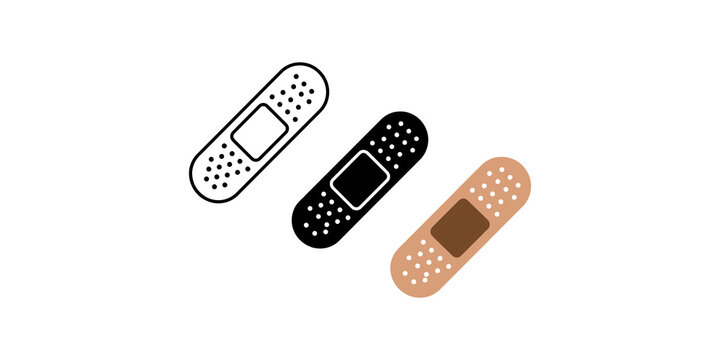Medical bandage plaster icons in black white and skin tone variations for health care.