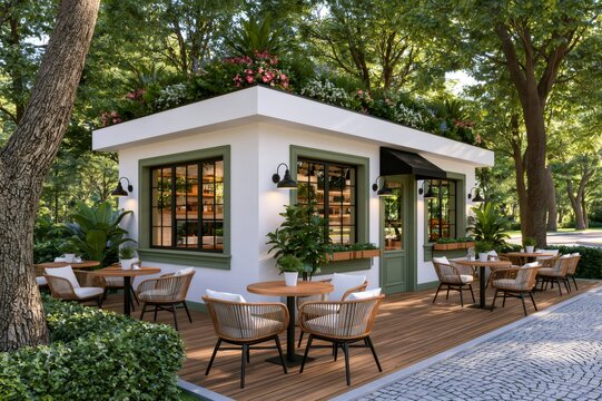 Modern coffee shop with rooftop garden and outdoor patio