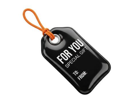 Black gift tag with orange string isolated on transparent background