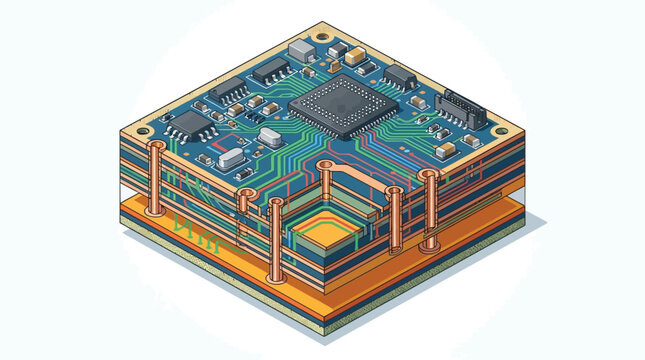 A detailed 3D isometric view of a multi layered printed circuit board