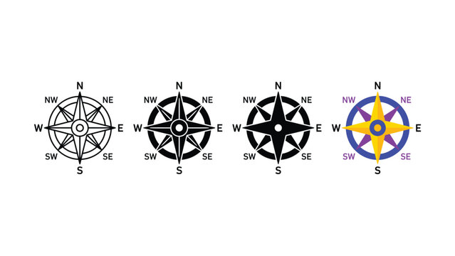Set of four different style navigation compass rose icons with cardinal directions