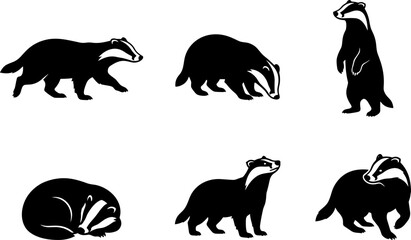 Collection of black and white badger silhouettes in various natural poses isolated on white background © MdMahedi