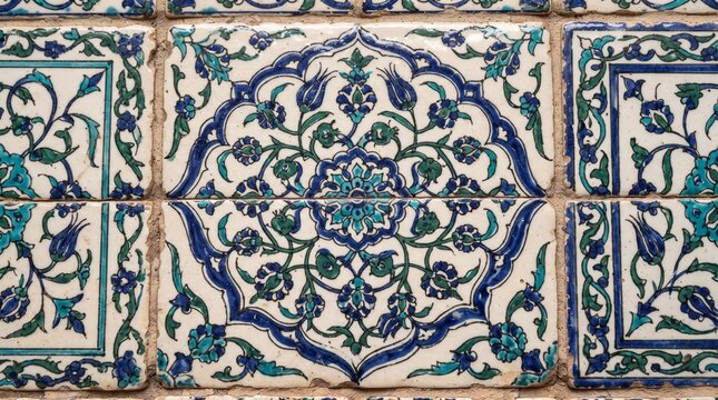 Generated with AI Close up botanical mandala ceramic tile texture in dark blue and turquoise glazed finish