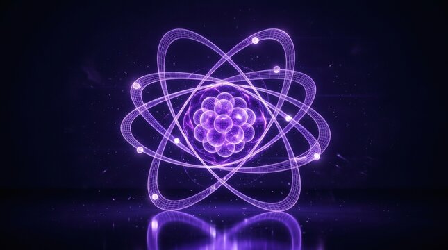 Abstract purple atomic structure with orbiting electrons symbolizing science and technology.
