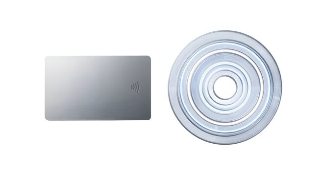 Mockup of contactless payment smart card and glass reader terminal isolated on a white background.