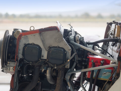 Old airplane engine during maintenance