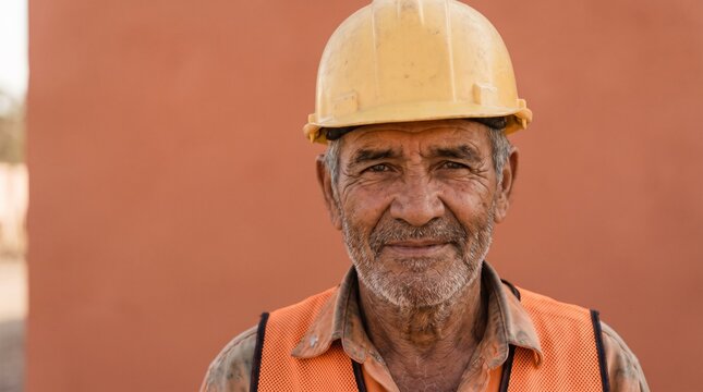 Elderly man wearing a hard hat and safety vest on a construction site  