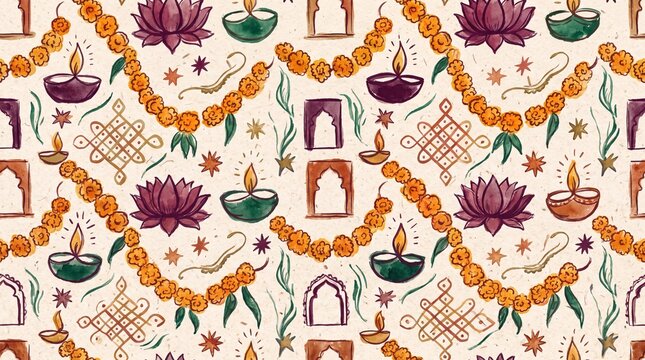 cultural festive patterns, a rich, vibrant pattern of diwali motifs with an elegant, textured finish