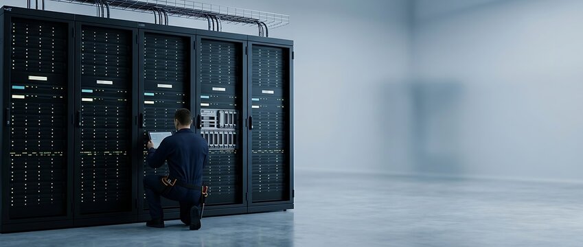 Professional IT technician using a digital tablet while performing maintenance on server racks in a modern high-tech data center facility for cloud computing and database storage solutions.