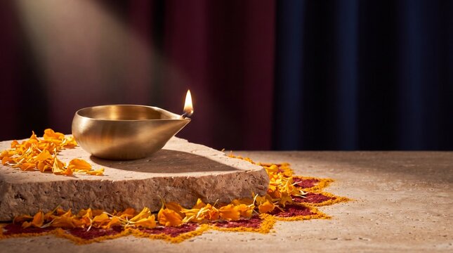 festival home decor, a sculptural brass diya rests on a warm travertine pedestal, surrounded by marigold petals