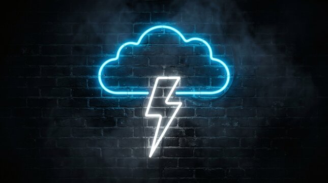 Neon blue cloud and white lightning bolt sign on dark brick wall for weather concept.