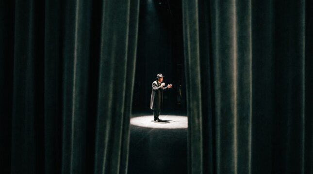 Middle-aged man wearing a fedora hat and coat performing on stage under a spotlight in a theater