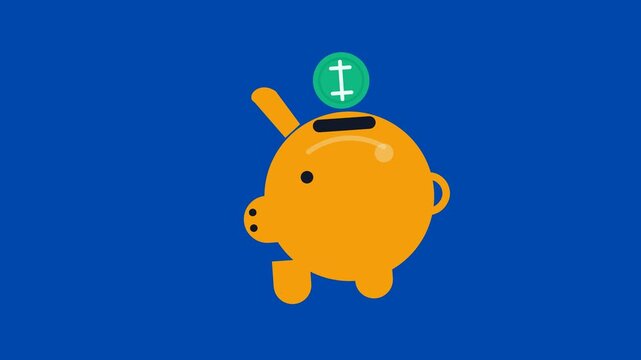 Animated Orange Piggy Bank Bouncing with Green Coin Concept for Financial Savings on Blue Background