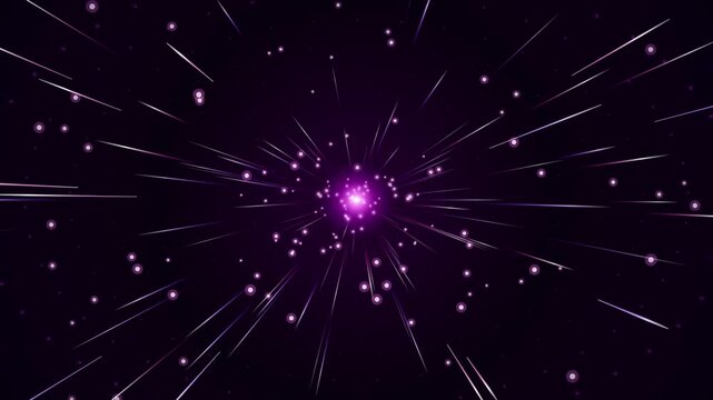 Abstract purple hyperspace warp speed light trails and glowing particles on dark background