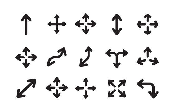Versatile black directional arrows and expansion icons for user interface and technical diagrams set.