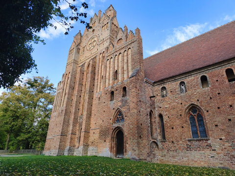 Medieval Brick Gothic Monastery Church with Autumn Leaves Under Blue Sky