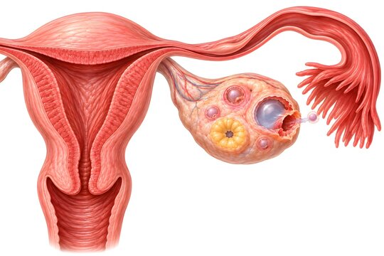 Medical illustration showing ovulation in the female reproductive system, with a mature ovarian follicle releasing an egg toward the fallopian tube, accurate reproductive anatomy and clinical educatio
