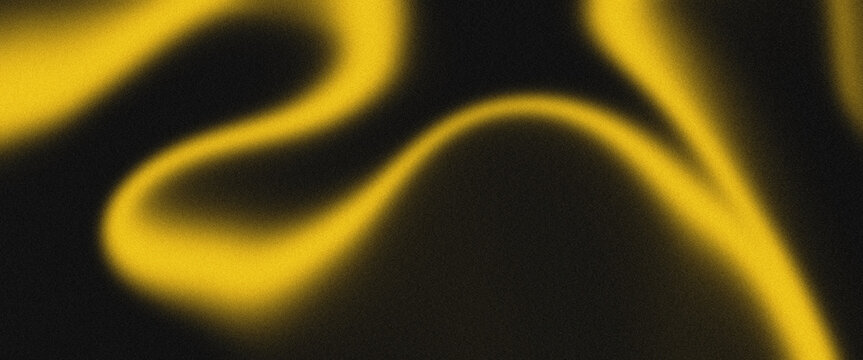 Abstract yellow wavy lines on black gradient background. Glowing golden liquid ribbons flowing in smooth curves with soft blur. Dark modern backdrop for banner, website and technology design.