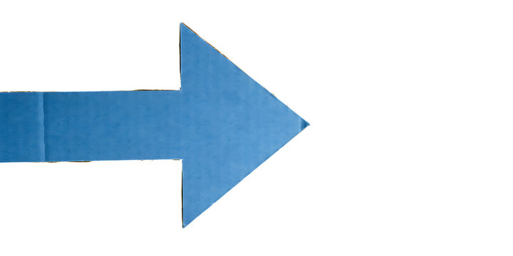 A simple blue paper arrow pointing to the right, cut out shape with clean edges, isolated on a solid , direction sign isolated on a transparent background