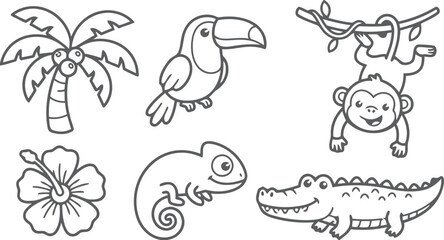 Fototapeta premium Set of cute jungle animal and tropical plant doodle vector line art illustrations for children coloring page design
