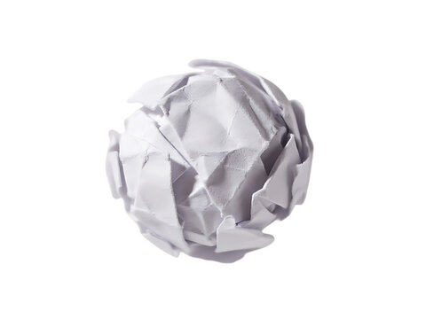 A single crumpled ball of white paper with complex folds and sharp edges, isolated on a white background, for waste management themes isolated on a transparent background