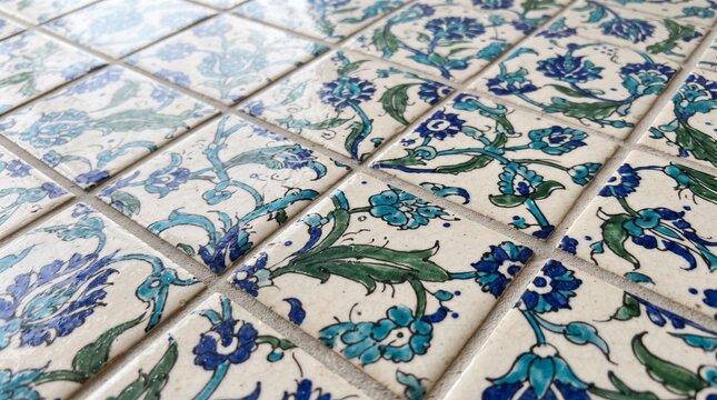 Generated with AI. Macro photograph of an array of small square ceramic tiles with cobalt blue and green plant patterns.