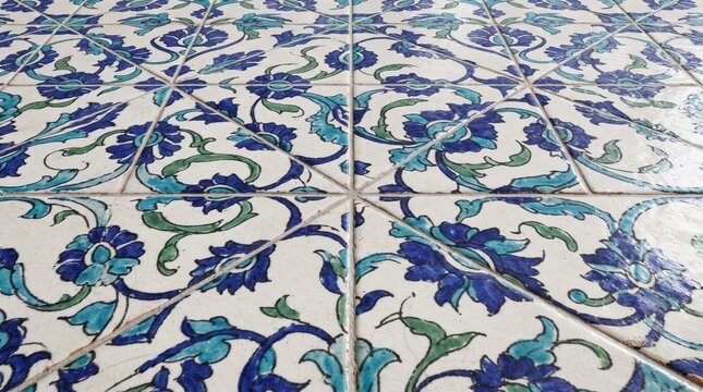 Generated with AI. Traditional Iznik ceramic motif in cobalt blue and turquoise floral patterns on glazed white porcelain tiles.