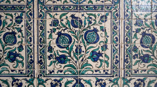 Generated with AI. Pomegranate fruit and tendril flower motifs on traditional decorative wall ceramic tiles.