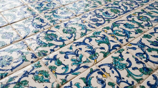 Generated with AI. Angled perspective view of arrayed retro ceramic tiles featuring hand-painted blue and green leaf scrolls.