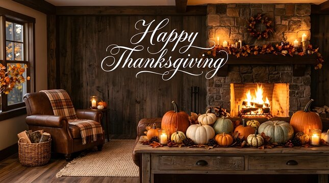 Warm and cozy thanksgiving scene with a fireplace and autumn decorations