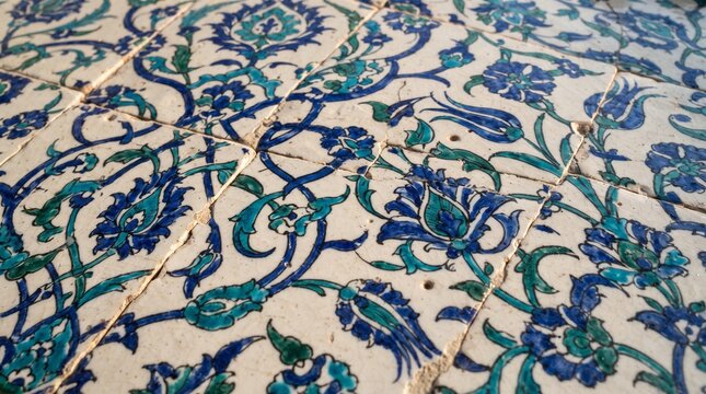 Generated with AI. Close-up texture of traditional Iznik Turkish style ceramic tiles with blue and turquoise floral tulip motifs.