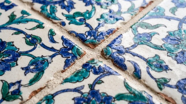 Generated with AI. Close up detail of Jerusalem Armenian style ceramic tile joints with blue green floral motif and glossy surface.