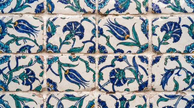 Generated with AI. Texture of square ceramic tile array featuring blue tulip and rose motifs on an ivory white background.