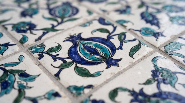Generated with AI. Close-up shot of hand-painted ceramic tile featuring traditional blue pomegranate botanical pattern.
